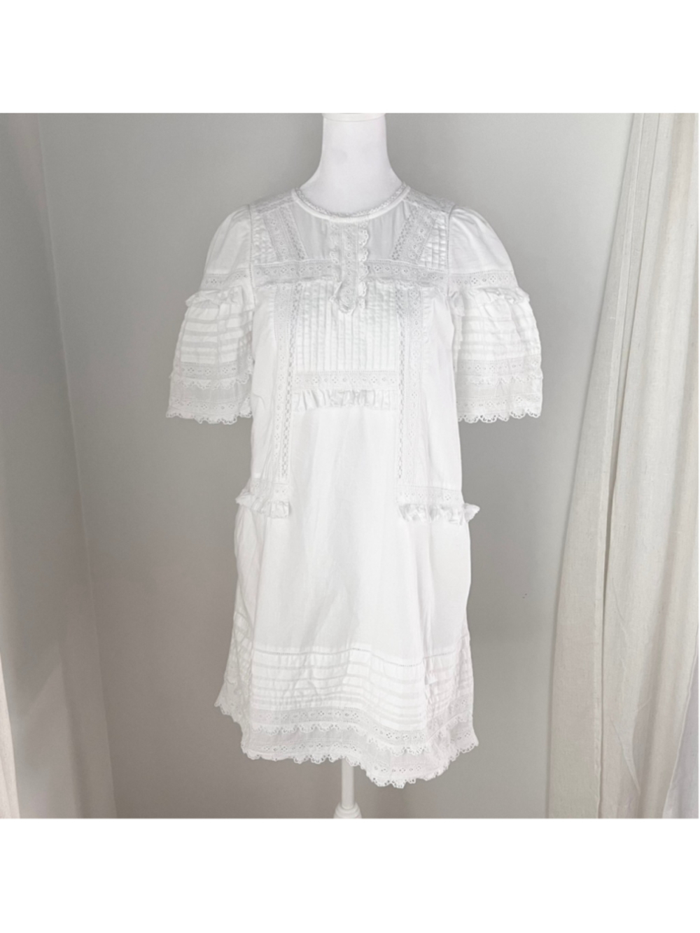 SEA New York White Eyelet Lace Cotton Mini Dress Boho Cottagecore Size 2 Pockets